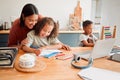 Mother and children doing homework at kitchen table, bonding and enjoying family time at home. Affectionate parent Royalty Free Stock Photo