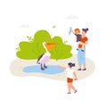 Mother and children feeding a pelican in zoo park vector flat illustration. Pelican opening a mouth near in lake