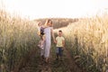 Mother with children with her son and daughter walking through a field of wheat Royalty Free Stock Photo