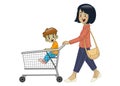 Mother and children hold the shopping cart