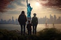 Mother and children looking at Statue of Liberty in New York City, USA, A family of immigrants looking at the Statue of Liberty,