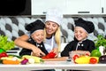 A family of cooks.Healthy eating.Mother and children prepares vegetable salad in kitchen. Royalty Free Stock Photo