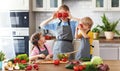 Mother with children preparing vegetable salad