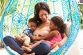 Mother With Children Relaxing On Outdoor Garden Swing Seat