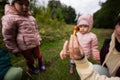 Mother and children searching mushrooms in the wild forest. Woman hold buttercup mushroom Royalty Free Stock Photo