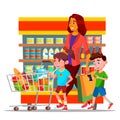 Mother With Children Shopping in Hypermarket Vector Characters Royalty Free Stock Photo