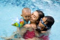 Mother and children swim together