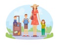 Mother and Children Traveling Together. Happy Family on Summer Vacation. Mom with Kids Travel, Characters with Luggage