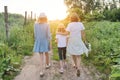 Mother with children two daughters walking along a country road, back view Royalty Free Stock Photo