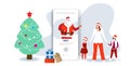 Mother with children using online mobile app merry christmas happy new year holiday celebration concept santa claus on