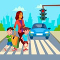 Mother With Children Walk At Crosswalk Vector. Isolated Illustration