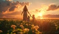 Mother and children walking on the field at the sunset time. Royalty Free Stock Photo