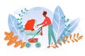 Mother city walks baby, woman stroller together, motherhood lifestyle, happy mom, design, cartoon style vector