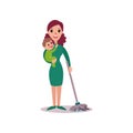 Mother cleaning the floor with baby in her arms, super mom concept vector Illustration Royalty Free Stock Photo