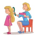 Mother combing and drying daughters hair on white