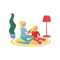 Mother combing hair of her daughter. Happy girl and woman sitting on carpet at home. Family theme. Flat vector design Royalty Free Stock Photo