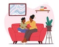 Mother Comforting Child Sitting on Sofa in Living Room. Mom and Son Talking of Problems, Parent Support and Embrace Boy