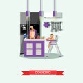 Mother cooking and babysitting her kid. Kitchen interior vector illustration in flat style