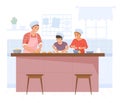 Mother cooking dough. Happy daughter and son cook kitchen, child making baking cake, family dinner, parent in apron