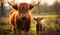 A mother cow and her calf peacefully grazing in a beautiful field Royalty Free Stock Photo