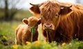 A mother cow and her calf peacefully grazing in a beautiful field Royalty Free Stock Photo