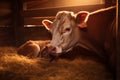 Mother cow nuzzling her newborn calf in a cozy corner of the barn. Generative AI Royalty Free Stock Photo