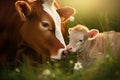 Mother cow nuzzling her newborn calf in a cozy corner of the barn. Generative AI Royalty Free Stock Photo