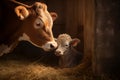 Mother cow nuzzling her newborn calf in a cozy corner of the barn. Generative AI Royalty Free Stock Photo