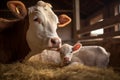 Mother cow nuzzling her newborn calf in a cozy corner of the barn. Generative AI Royalty Free Stock Photo