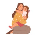 Mother cuddling smiling daughter, happy people