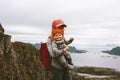 Mother and cute baby hiking together family travel vacations