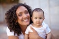 Mother, cute baby or portrait smile for love connection, together or outdoor. Woman, infant child support or hug with