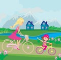 Mother and daughter biking