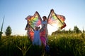 Mother and daughter with bright fabric like butterfly wings play, fly, run, jump in meadow or field with green grass and dandelion Royalty Free Stock Photo