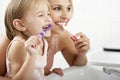 Mother And Daughter Brushing Teeth Together Royalty Free Stock Photo