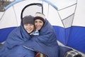 Mother And Daughter Camping In Winter