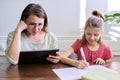 Mother and daughter child study together at home