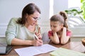 Mother and daughter child study together at home