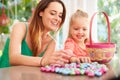 Mother And Daughter With Chocolate Easter Eggs And Basket Royalty Free Stock Photo
