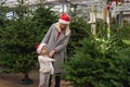 Mother and daughter choose a Christmas tree in a shop