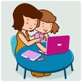 Mother and daughter using the computer. Vector illustration