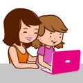 Mother and daughter on the computer. Vector Illustration