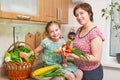 Mother and daughter cooking. Basket of vegetables and fresh fruits in kitchen interior. Parent and child. Healthy food concept Royalty Free Stock Photo