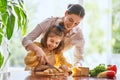 Mother and daughter cutting bread and cheese