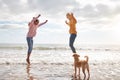Mother And Daughter With Dog Jumping Over Waves On Autumn Beach Vacation Royalty Free Stock Photo