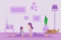 Mother and daughter doing exercise at home in a living room