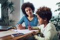 Mother and daughter doing homework learning to calculate