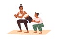 Mother and daughter doing squat exercise together. Happy active family, mom and girl kid training. Healthy workout of