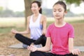 Mother and daughter doing yoga exercises on grass in the park Royalty Free Stock Photo