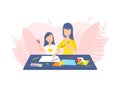 Mother and Daughter Drawing and Painting Together, Loving Mom and Her Child in Everyday Life at Home Vector Illustration